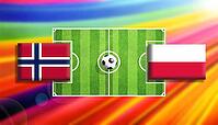 Striking football matchup artwork featuring Norway and Poland flags flanking a vivid green soccer pitch with a centered ball, set against a radiant rainbow gradient background, capturing international rivalry, motion, and dynamic sporting energy created u [IBR124642006]