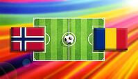 Dynamic football matchup artwork featuring Norway and Romania flags flanking a vivid green soccer pitch with a centered ball, set against a radiant rainbow gradient background, symbolizing international competition, energy, and vibrant sports design creat [IBR124642008]