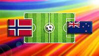 Striking football matchup artwork featuring Norway and New Zealand flags framing a vibrant green soccer field with a centered ball, set against a radiant rainbow gradient background, symbolizing global competition, motion, and dynamic sporting energy crea [IBR124642009]