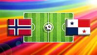 Eye-catching football matchup illustration featuring Norway and Panama flags flanking a lush green soccer pitch with a centered ball, set against a radiant rainbow gradient background, capturing global competition, motion, and vibrant sporting energy crea [IBR124642011]