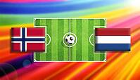Vivid football matchup scene featuring Norway and Netherlands flags on either side of a lush green soccer pitch with a centered ball, set against a radiant rainbow gradient background, capturing international competition, motion, and bold sporting energy  [IBR124642012]