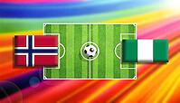 Bold football showdown artwork featuring Norway and Nigeria flags flanking a vivid green soccer pitch with a centered ball, set against a radiant rainbow gradient background, symbolizing global competition, motion, and energetic sporting rivalry created u [IBR124642013]