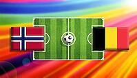 Vivid digital illustration of a soccer faceoff between Norway and Belgium flags flanking a lush green pitch with a centered ball, set against a radiant rainbow gradient backdrop that amplifies motion, rivalry, and global football excitement created using  [IBR124642014]