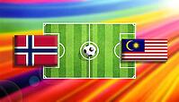 Vibrant football matchup illustration featuring Norway and Malaysia flags facing off across a lush green soccer pitch with a centered ball, set against a radiant rainbow gradient background, capturing motion, rivalry, and global sporting energy created us [IBR124642015]