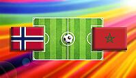 Dynamic football face-off illustration showing Norway and Morocco flags flanking a vivid green soccer pitch with a central ball, set against a radiant rainbow gradient background, symbolizing international rivalry, motion, and vibrant sporting energy crea [IBR124642017]