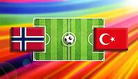Dynamic football matchup illustration featuring Norway and Turkey flags facing off across a vivid green soccer pitch with a centered ball, set against a radiant multicolor gradient background, symbolizing international rivalry, motion, and global sporting [IBR124642018]