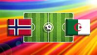 Vibrant digital illustration of a soccer match concept featuring Norway and Algeria flags facing off on a stylized green pitch with a central ball, set against a radiant rainbow gradient background symbolizing energy, competition, and international sports [IBR124642019]