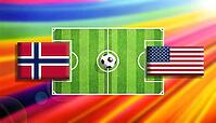 Dynamic football matchup showcasing Norway and USA flags flanking a vivid green soccer field with a centered ball, set against a radiant rainbow gradient background, symbolizing global competition, energy, and modern sports design created using generative [IBR124642020]