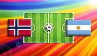 Colorful digital artwork depicting a soccer faceoff between Norway and Argentina flags positioned on a vivid green pitch with a centered ball, set against a radiant rainbow gradient background expressing motion, rivalry, and global sports excitement creat [IBR124642021]