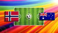 Striking digital illustration of a soccer showdown featuring Norway and Australia flags flanking a lush green pitch with a centered ball, illuminated by a vivid rainbow gradient background that conveys motion, rivalry, and global sporting energy created u [IBR124642022]
