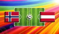 Bold digital illustration of a soccer matchup between Norway and Austria flags set on a vivid green pitch with a centered ball, surrounded by a radiant rainbow gradient backdrop that captures motion, rivalry, and international sporting intensity created u [IBR124642023]