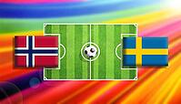 Bold football rivalry scene featuring Norway and Sweden flags facing each other across a detailed green soccer field with a central ball, set against a vivid multicolor gradient background, capturing Nordic competition, energy, and dynamic sports design c [IBR124642025]