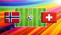 High-energy football matchup illustration featuring Norway and Switzerland flags facing each other across a detailed green soccer pitch with a central ball, set against a radiant multicolor gradient background, symbolizing European rivalry, balance, and d [IBR124642026]