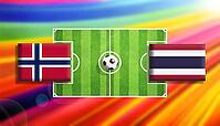 Vibrant football matchup illustration featuring Norway and Thailand flags facing off across a detailed green soccer field with a central ball, set against a radiant multicolor gradient background, symbolizing global competition, contrast, and dynamic spor [IBR124642027]