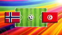 Dynamic football matchup illustration featuring Norway and Tunisia flags positioned across a vibrant green soccer pitch with a centered ball, set against a radiant multicolor gradient background, symbolizing international competition, energy, and global u [IBR124642029]