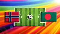 Dynamic digital illustration of a soccer clash between Norway and Bangladesh flags positioned on a bright green pitch with a central ball, set against a vivid rainbow gradient background that radiates motion, contrast, and global sporting excitement creat [IBR124642030]