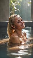 Blonde woman sitting in an old natural stone and rock pool, spa, wellness, relaxation, pool, natural pond, outdoor, nude photo, nude photo, nude photography, naked, naked, naked, slim, sexy, erotic, health, water treatment, bathing, spa, body care, oasis, [IBR124642035]