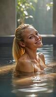 Blonde woman sitting in an old natural stone and rock pool, spa, wellness, relaxation, pool, natural pond, outdoor, nude photo, nude photo, nude photography, naked, naked, naked, slim, sexy, erotic, health, water treatment, bathing, spa, body care, oasis, [IBR124642039]