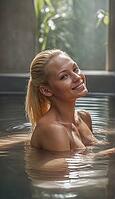 Blonde woman sitting in an old natural stone and rock pool, spa, wellness, relaxation, pool, natural pond, outdoor, nude photo, nude photo, nude photography, naked, naked, naked, slim, sexy, erotic, health, water treatment, bathing, spa, body care, oasis, [IBR124642040]