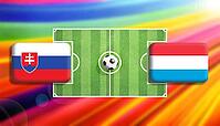 Slovakia and Luxembourg flags face off across a vivid football pitch with a centered ball, capturing a dynamic international match moment set against a bright, colorful backdrop, created using generative AI tools, AI generated [IBR124642053]