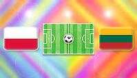 Poland and Lithuania flags face off across a vivid football pitch with a centered ball, illustrating an intense international match moment against a bright, colorful backdrop, created using generative AI tools, AI generated [IBR124642054]