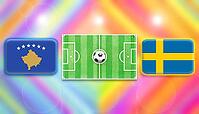 Kosovo and Sweden flags face off across a vivid green football pitch with a central ball, set against a colorful radiant background, symbolizing an exciting international soccer clash, created using generative AI tools, AI generated [IBR124642055]