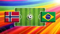 Vibrant digital illustration of a soccer showdown between Norway and Brazil flags placed on a bright green pitch with a central ball, surrounded by a radiant rainbow gradient background symbolizing motion, passion, and global football rivalry created usin [IBR124642057]
