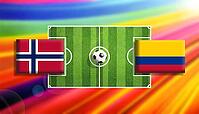 Vibrant digital illustration of a soccer clash between Norway and Colombia flags placed on a bright green pitch with a centered ball, set against a radiant rainbow gradient background expressing motion, rivalry, and global football excitement created usin [IBR124642058]
