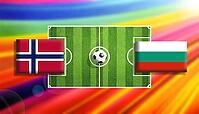 Eye-catching digital illustration of a soccer matchup between Norway and Bulgaria flags positioned on a vivid green pitch with a central ball, enhanced by a radiant rainbow gradient background symbolizing motion, rivalry, and international football energy [IBR124642060]