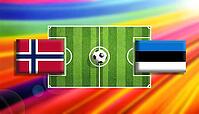 Vivid digital illustration of a soccer faceoff between Norway and Estonia flags on a bright green pitch with a centered ball, framed by a radiant rainbow gradient background that conveys motion, rivalry, and global football energy created using generative [IBR124642061]