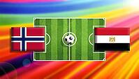 Striking digital illustration of a soccer faceoff between Norway and Egypt flags on a vivid green pitch with a centered ball, set against a radiant rainbow gradient background that conveys motion, rivalry, and global football excitement created using gene [IBR124642062]