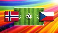 Dynamic digital illustration of a soccer showdown between Norway and Czech Republic flags on a vivid green pitch with a centered ball, set against a radiant rainbow gradient background symbolizing motion, rivalry, and international football energy created [IBR124642063]