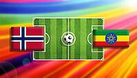 Vibrant digital illustration of a soccer faceoff between Norway and Ethiopia flags positioned on a bright green pitch with a central ball, set against a radiant rainbow gradient background symbolizing motion, rivalry, and global football excitement create [IBR124642064]