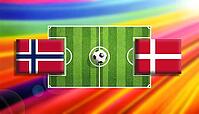 Bold digital illustration of a Nordic soccer clash between Norway and Denmark flags on a vivid green pitch with a centered ball, set against a radiant rainbow gradient background expressing motion, rivalry, and international football energy created using  [IBR124642065]