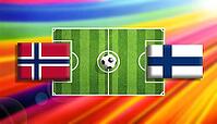 Dynamic digital illustration of a Nordic soccer showdown between Norway and Finland flags on a vivid green pitch with a centered ball, set against a radiant rainbow gradient background expressing motion, rivalry, and international football energy created  [IBR124642066]