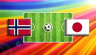 Dynamic football matchup illustration featuring Norway and Japan flags facing each other across a vibrant green soccer pitch with a centered ball, set against a radiant rainbow gradient background symbolizing global competition, energy, and international  [IBR124642067]