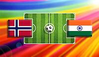 Vivid digital illustration of a soccer faceoff between Norway and India flags on a bright green pitch with a centered ball, framed by a radiant rainbow gradient background symbolizing motion, rivalry, and global football excitement created using generativ [IBR124642068]