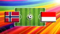 Vivid digital illustration of a soccer showdown between Norway and Indonesia flags placed on a bright green pitch with a centered ball, surrounded by a radiant rainbow gradient background symbolizing motion, rivalry, and global football excitement created [IBR124642069]