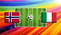 Vivid digital illustration of a soccer faceoff between Norway and Italy flags on a bright green pitch with a centered ball, set against a radiant rainbow gradient background symbolizing motion, rivalry, and global football excitement created using generat [IBR124642071]