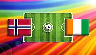 Bright digital illustration of a football matchup between Norway and Ivory Coast flags facing off on a lush green soccer field with a central ball, set against a vivid rainbow gradient background conveying energy, competition, and global sports unity crea [IBR124642072]