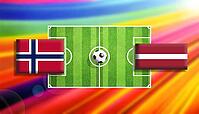 Striking football matchup illustration with Norway and Latvia flags facing each other across a vivid green soccer pitch and central ball, framed by a radiant rainbow gradient background, expressing global competition, motion, and international sports ener [IBR124642073]