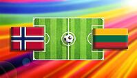 Bold football matchup illustration featuring Norway and Lithuania flags facing off across a vivid green soccer pitch with a central ball, set against a radiant rainbow gradient background, capturing motion, rivalry, and global sporting spirit created usin [IBR124642074]