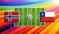 Vivid digital illustration of a soccer matchup between Norway and Chile flags facing off on a bright green pitch with a central ball, set against a radiant rainbow gradient background symbolizing motion, rivalry, and global football energy created using g [IBR124642075]