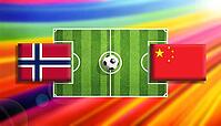 Striking digital illustration of a soccer showdown between Norway and China flags on a vibrant green pitch with a centered ball, framed by a radiant rainbow gradient background that evokes motion, rivalry, and global sporting intensity created using gener [IBR124642076]