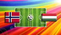 Vivid digital illustration of a soccer faceoff between Norway and Hungary flags on a bright green pitch with a centered ball, set against a radiant rainbow gradient background expressing motion, rivalry, and global football excitement created using genera [IBR124642078]