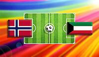 Vivid football showdown illustration with Norway and Kuwait flags facing off across a detailed green soccer pitch and centered ball, set against a radiant rainbow gradient background, symbolizing international competition, energy, and global sports unity  [IBR124642079]