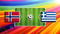 Vivid digital illustration of a soccer clash between Norway and Greece flags positioned on a bright green pitch with a central ball, set against a radiant rainbow gradient background expressing motion, rivalry, and global football excitement created using [IBR124642081]