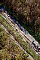 Aerial photo showing road construction next to a wooded area, construction of bicycle path, Aidlingen, Böblingen district, Germany [IBR124642859]