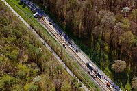 Road construction in the middle of a wooded landscape, construction of bicycle path, Aidlingen, Böblingen district, Germany [IBR124642860]