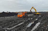 Trucks stuck in the mud involved in the construction of the gas pipeline [IBR124748922]
